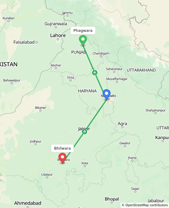 Route map showing distance and travel time from Phagwara, India to Bhilwara, India
