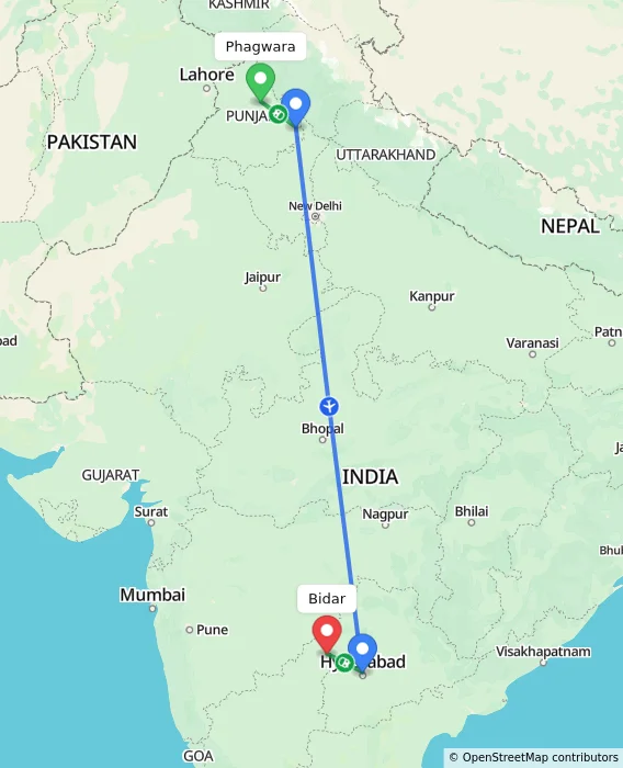 Route map showing distance and travel time from Phagwara, India to Bidar, India