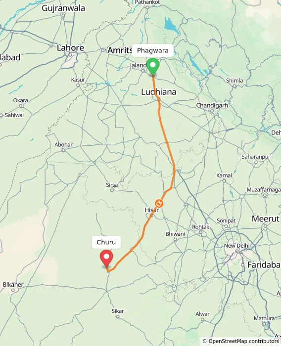 Route map showing distance and travel time from Phagwara, India to Churu, India