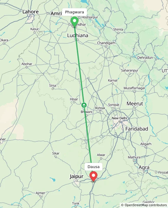 Route map showing distance and travel time from Phagwara, India to Dausa, India