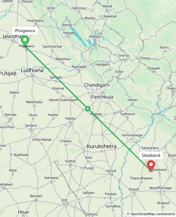 Route map showing distance and travel time from Phagwara, India to Deoband, India