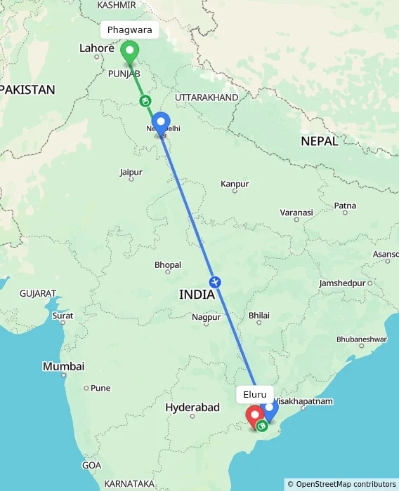 Route map showing distance and travel time from Phagwara, India to Eluru, India