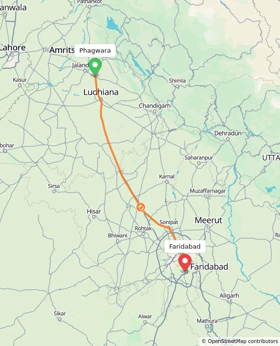Route map showing distance and travel time from Phagwara, India to Faridabad, India