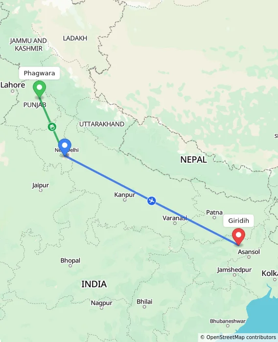 Route map showing distance and travel time from Phagwara, India to Giridih, India