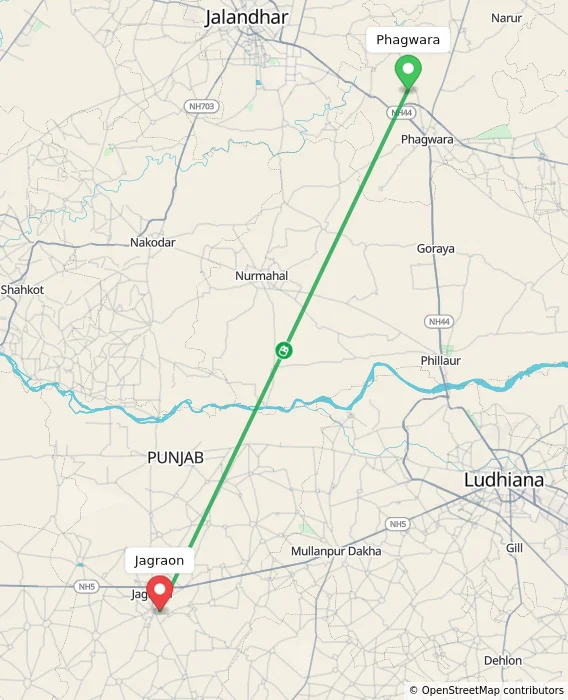 Route map showing distance and travel time from Phagwara, India to Jagraon, India