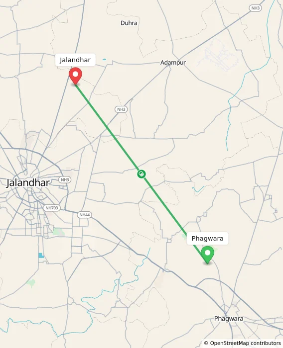Route map showing distance and travel time from Phagwara, India to Jalandhar, India