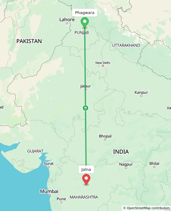 Route map showing distance and travel time from Phagwara, India to Jalna, India
