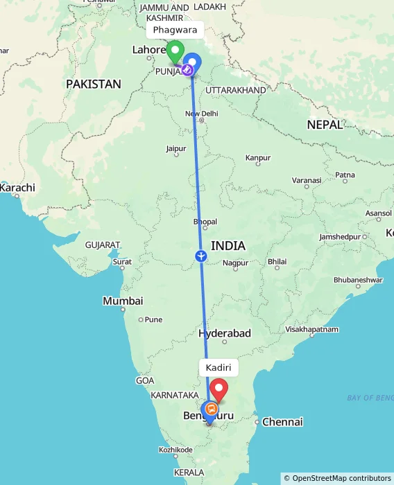 Route map showing distance and travel time from Phagwara, India to Kadiri, India