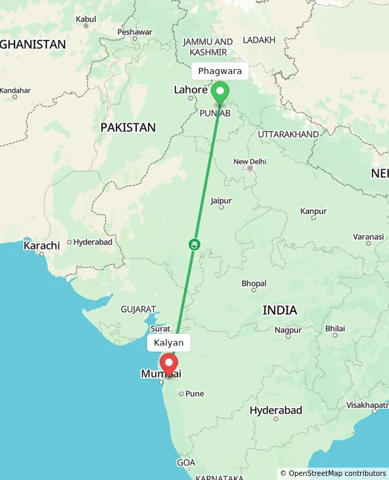 Route map showing distance and travel time from Phagwara, India to Kalyan, India