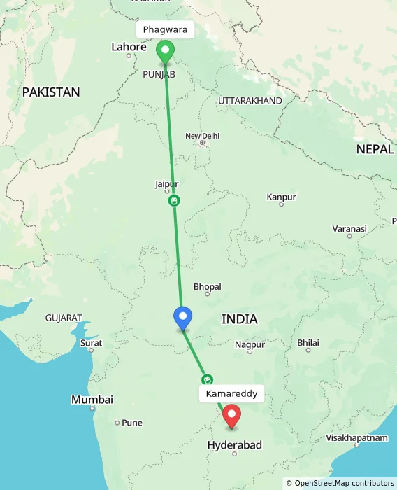 Route map showing distance and travel time from Phagwara, India to Kamareddy, India