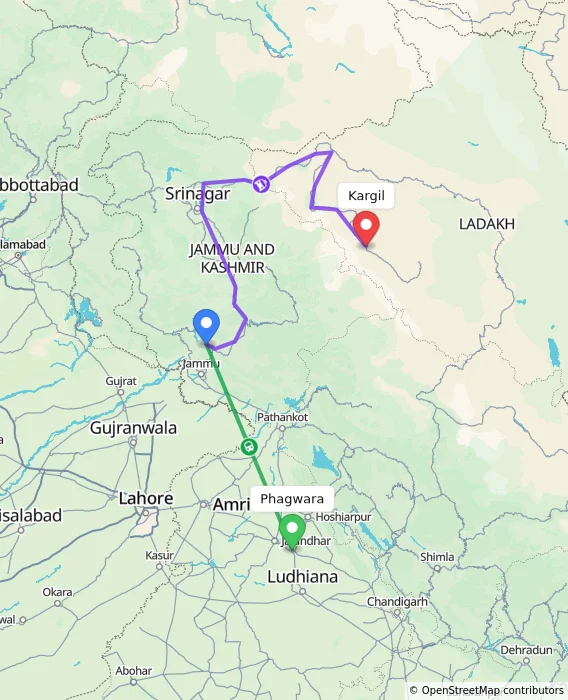 Route map showing distance and travel time from Phagwara, India to Kargil, India