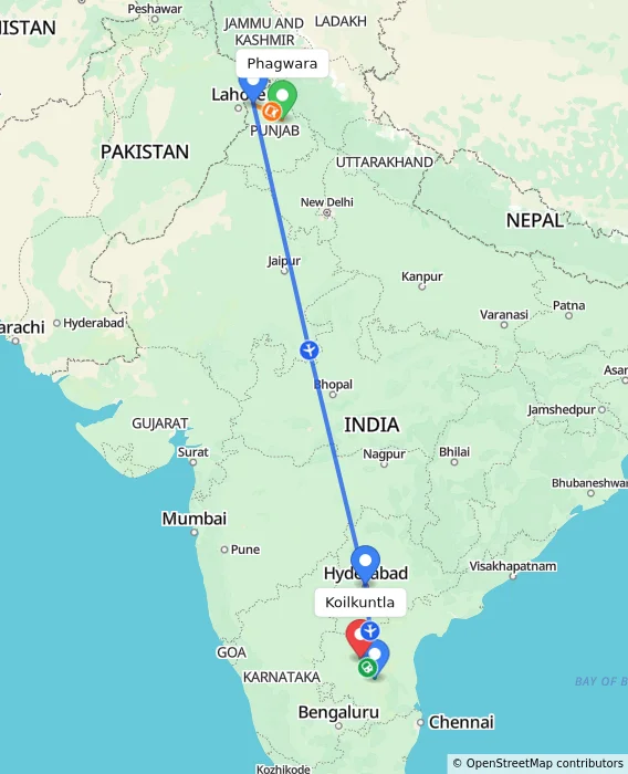 Route map showing distance and travel time from Phagwara, India to Koilkuntla, India
