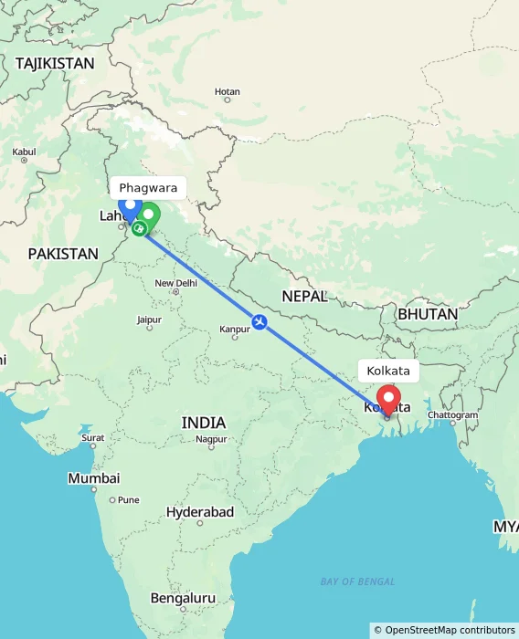Route map showing distance and travel time from Phagwara, India to Kolkata, India