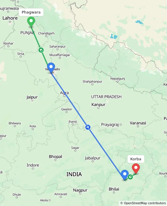 Route map showing distance and travel time from Phagwara, India to Korba, India