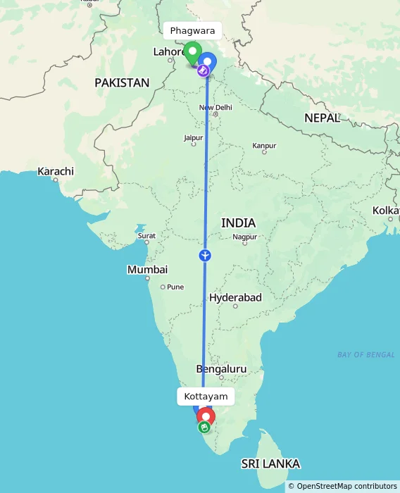 Route map showing distance and travel time from Phagwara, India to Kottayam, India