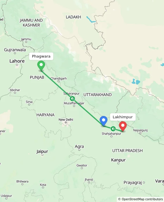 Route map showing distance and travel time from Phagwara, India to Lakhimpur, India