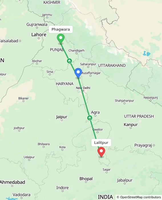 Route map showing distance and travel time from Phagwara, India to Lalitpur, India