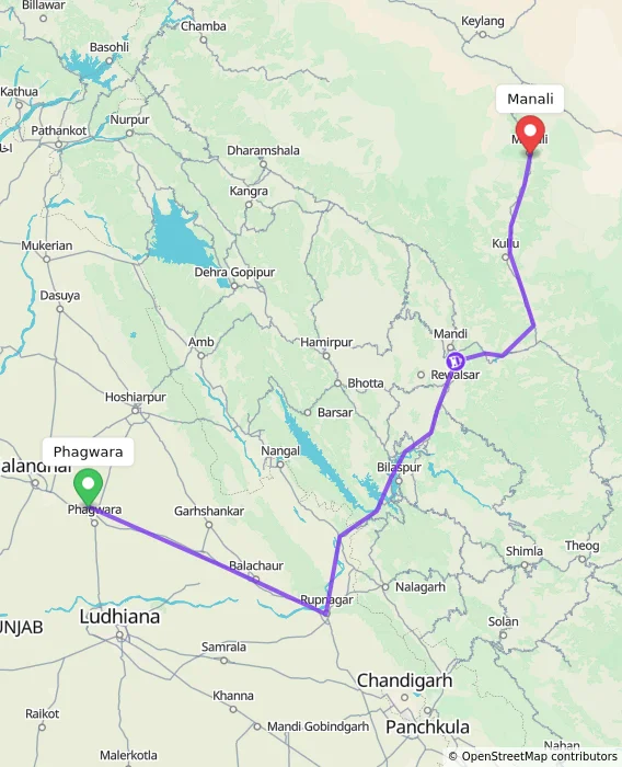 Route map showing distance and travel time from Phagwara, India to Manali, India