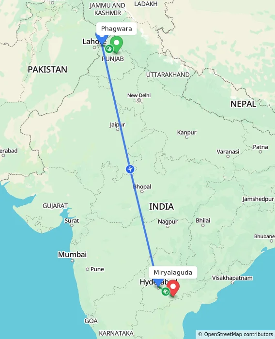 Route map showing distance and travel time from Phagwara, India to Miryalaguda, India