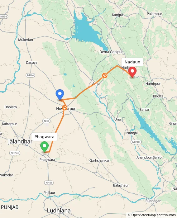 Route map showing distance and travel time from Phagwara, India to Nadaun, India