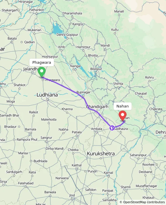 Route map showing distance and travel time from Phagwara, India to Nahan, India