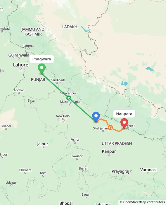 Route map showing distance and travel time from Phagwara, India to Nanpara, India