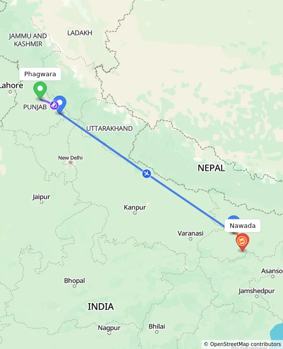 Route map showing distance and travel time from Phagwara, India to Nawada, India
