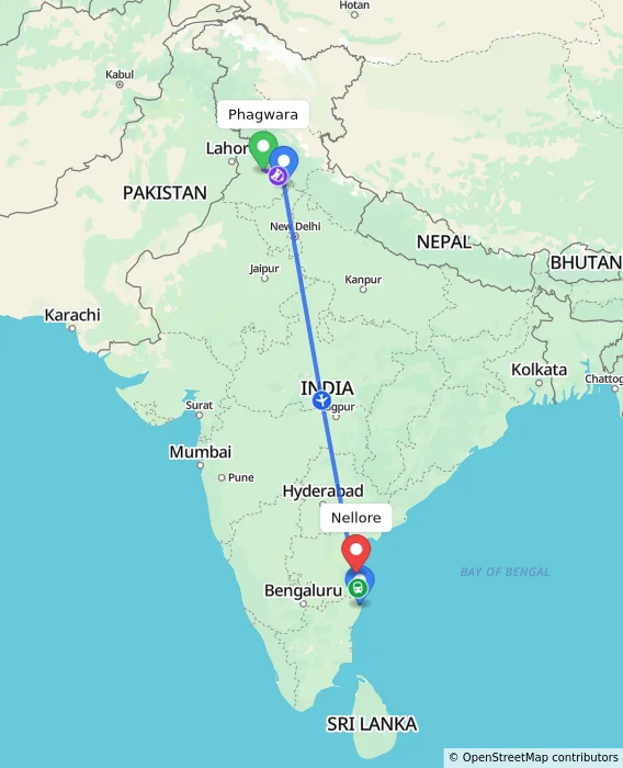 Route map showing distance and travel time from Phagwara, India to Nellore, India