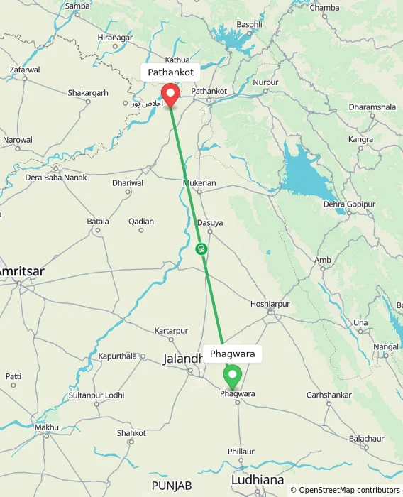 Route map showing distance and travel time from Phagwara, India to Pathankot, India