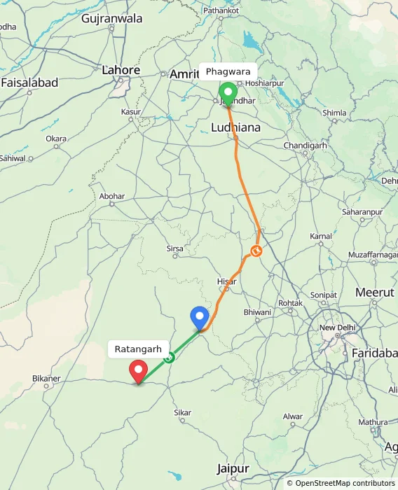 Route map showing distance and travel time from Phagwara, India to Ratangarh, India