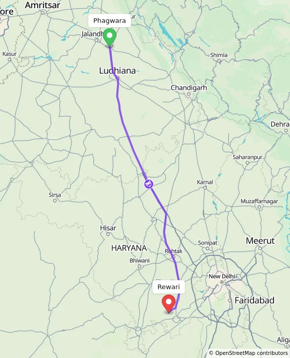 Route map showing distance and travel time from Phagwara, India to Rewari, India