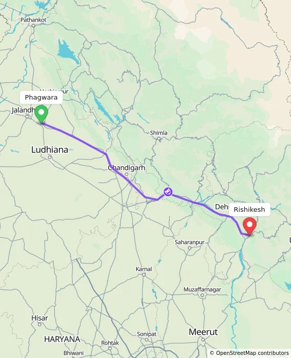 Route map showing distance and travel time from Phagwara, India to Rishikesh, India