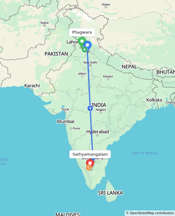 Route map showing distance and travel time from Phagwara, India to Sathyamangalam, India