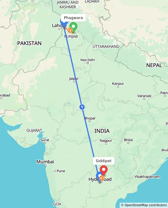 Route map showing distance and travel time from Phagwara, India to Siddipet, India