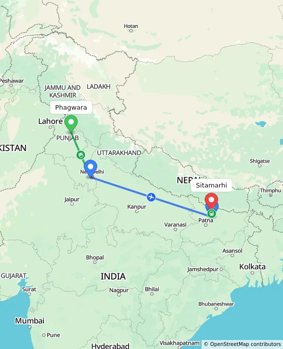 Route map showing distance and travel time from Phagwara, India to Sitamarhi, India