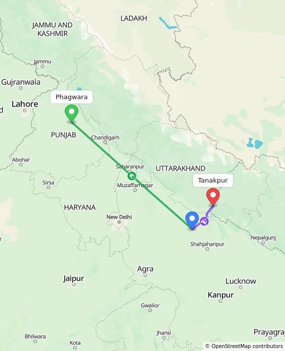 Route map showing distance and travel time from Phagwara, India to Tanakpur, India