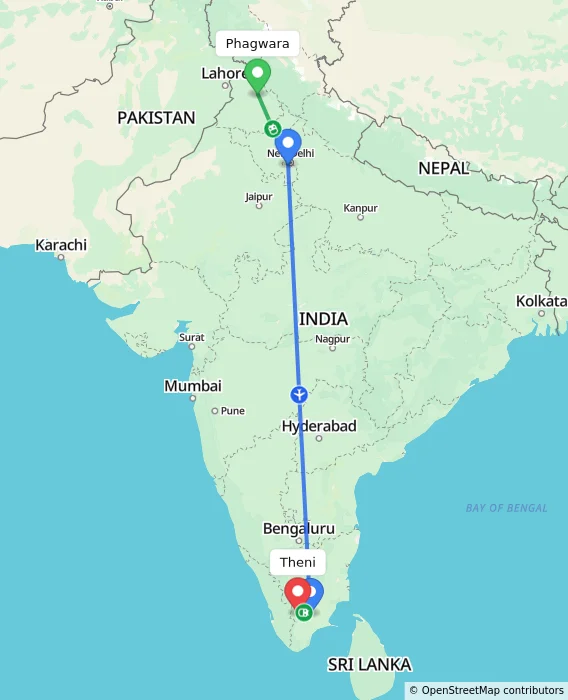 Route map showing distance and travel time from Phagwara, India to Theni, India