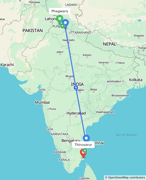 Route map showing distance and travel time from Phagwara, India to Thiruvarur, India