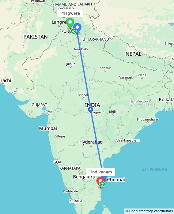 Route map showing distance and travel time from Phagwara, India to Tindivanam, India