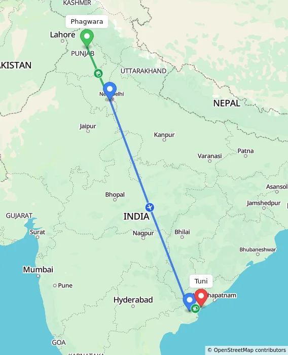 Route map showing distance and travel time from Phagwara, India to Tuni, India