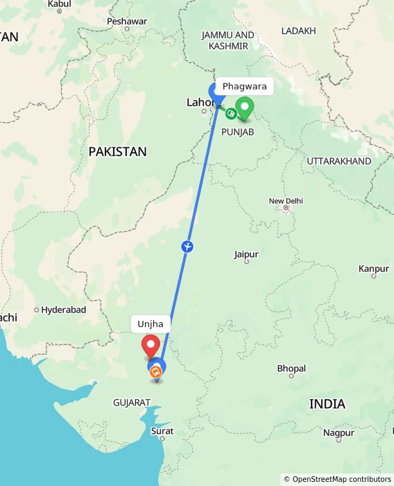 Route map showing distance and travel time from Phagwara, India to Unjha, India