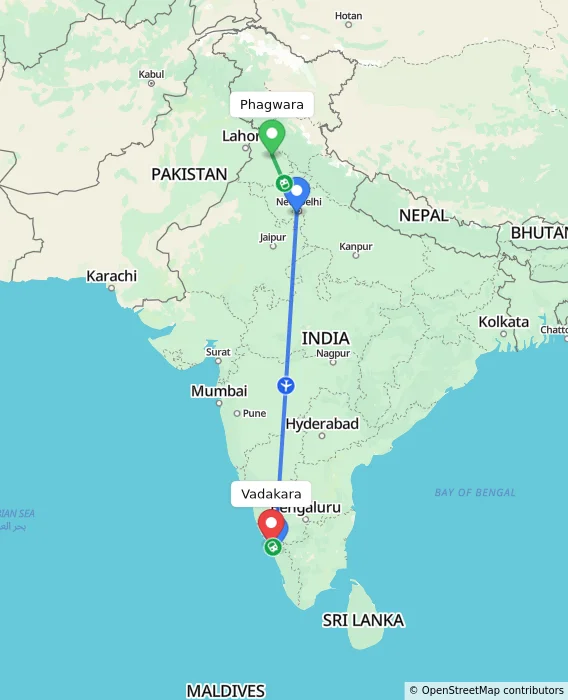 Route map showing distance and travel time from Phagwara, India to Vadakara, India