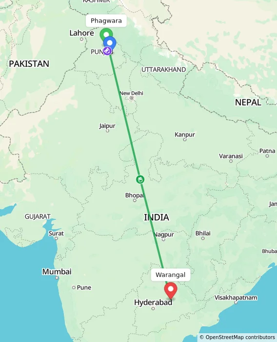 Route map showing distance and travel time from Phagwara, India to Warangal, India