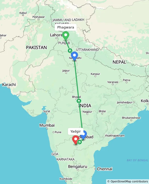 Route map showing distance and travel time from Phagwara, India to Yadgir, India