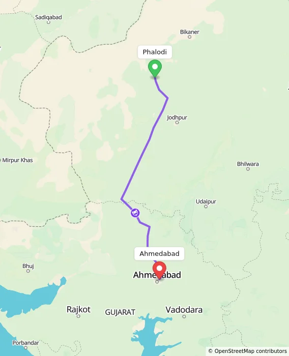 Route map showing distance and travel time from Phalodi, India to Ahmedabad, India