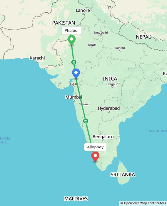 Route map showing distance and travel time from Phalodi, India to Alappuzha, India