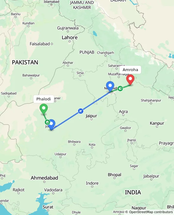 Route map showing distance and travel time from Phalodi, India to Amroha, India