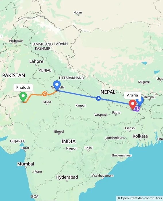 Route map showing distance and travel time from Phalodi, India to Araria, India