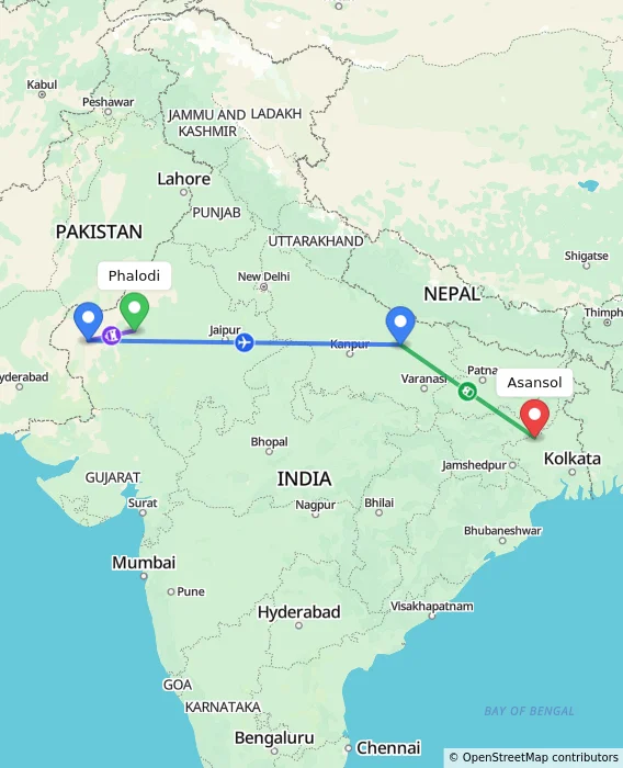 Route map showing distance and travel time from Phalodi, India to Asansol, India