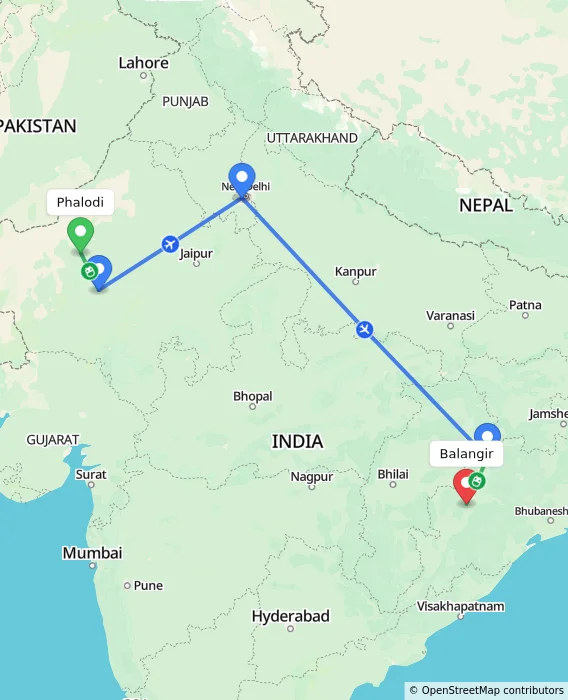 Route map showing distance and travel time from Phalodi, India to Balangir, India